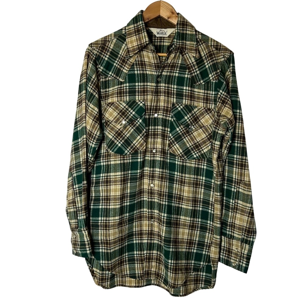 Woolrich Mens‎ Shirt Size M Flannel Western Plaid Green Brown Wool Vintage Blend